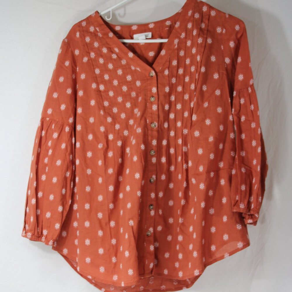 J.Jill Women’s  Orange White Floral Button Up Flowy Pleated Shirt S Boho Light